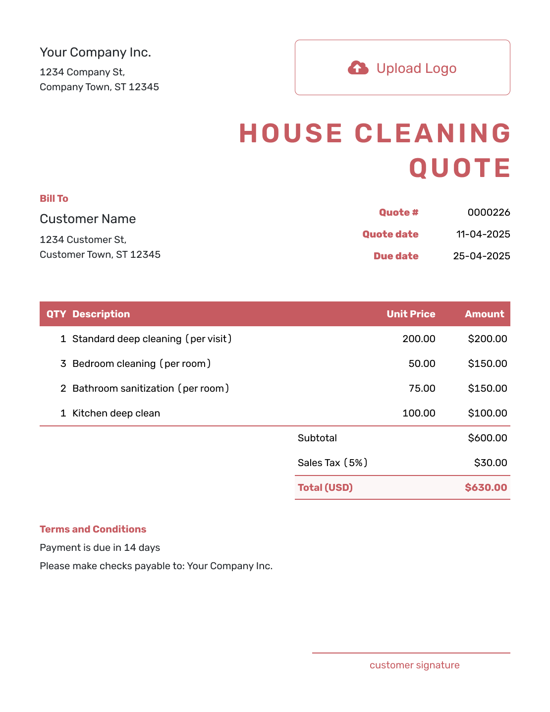 Fillable House Cleaning Quote Template