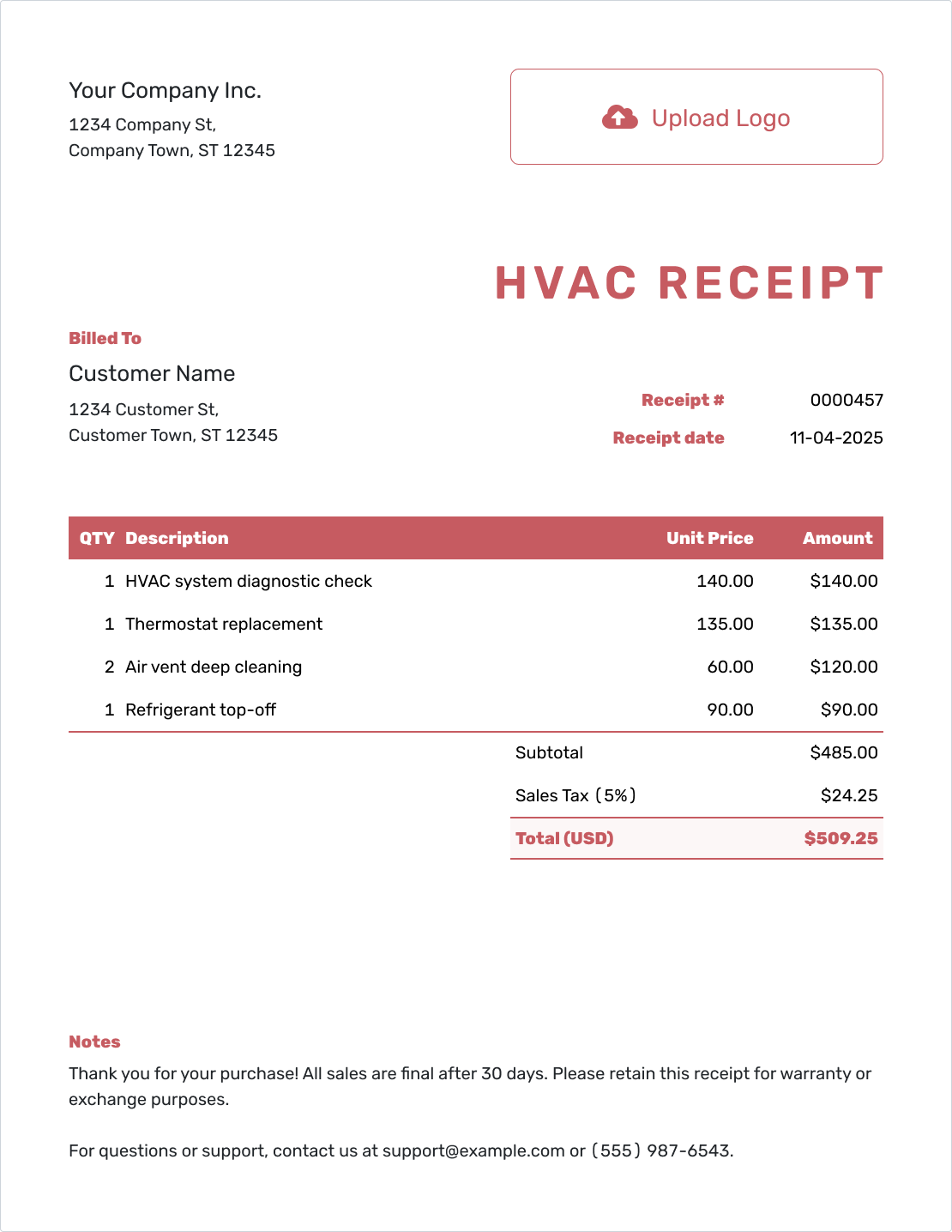Fillable HVAC Receipt Template