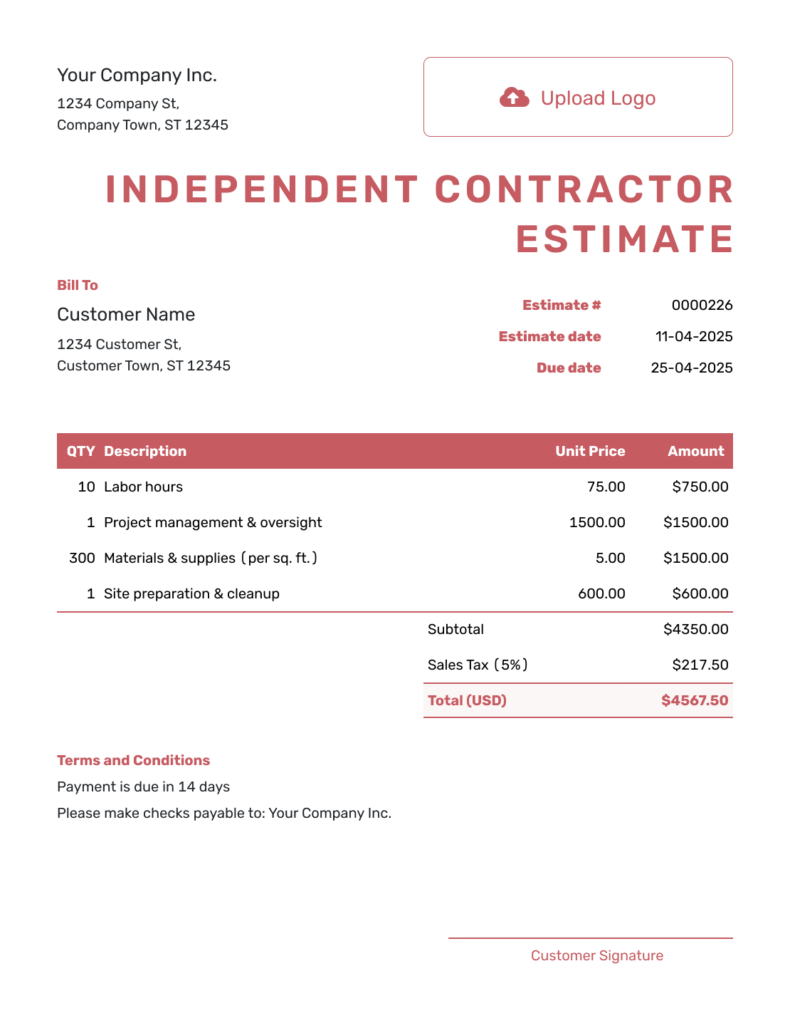 Fillable Independent Contractor Estimate Template