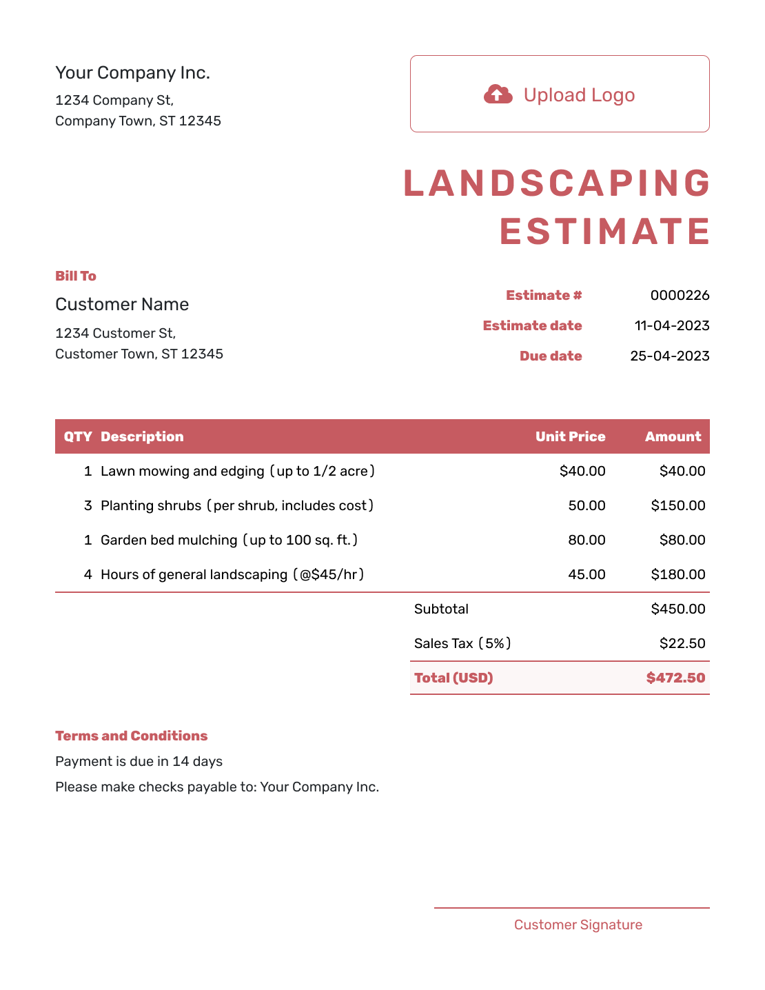 Fillable Landscaping Estimate Template