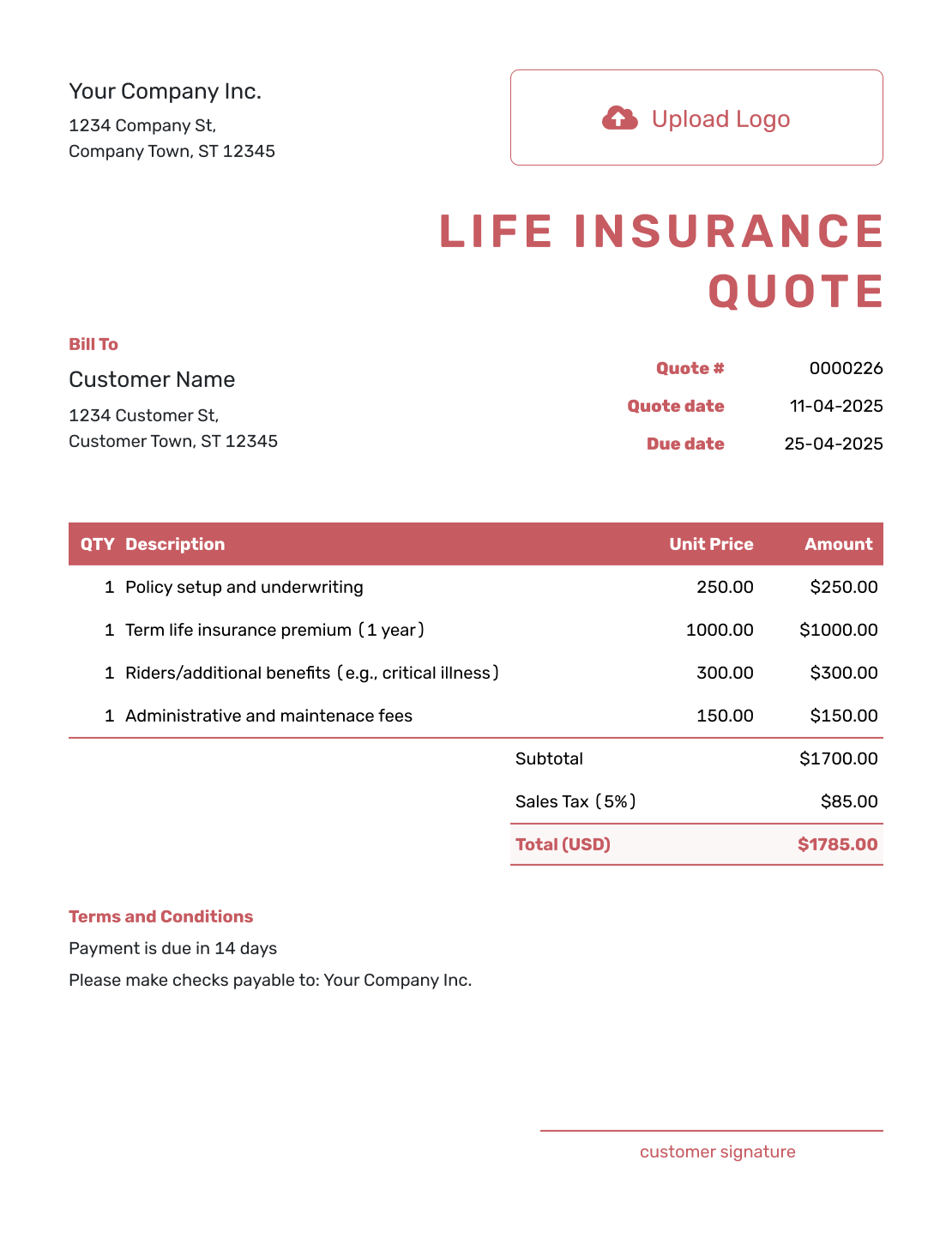 Fillable Life Insurance Quote Template