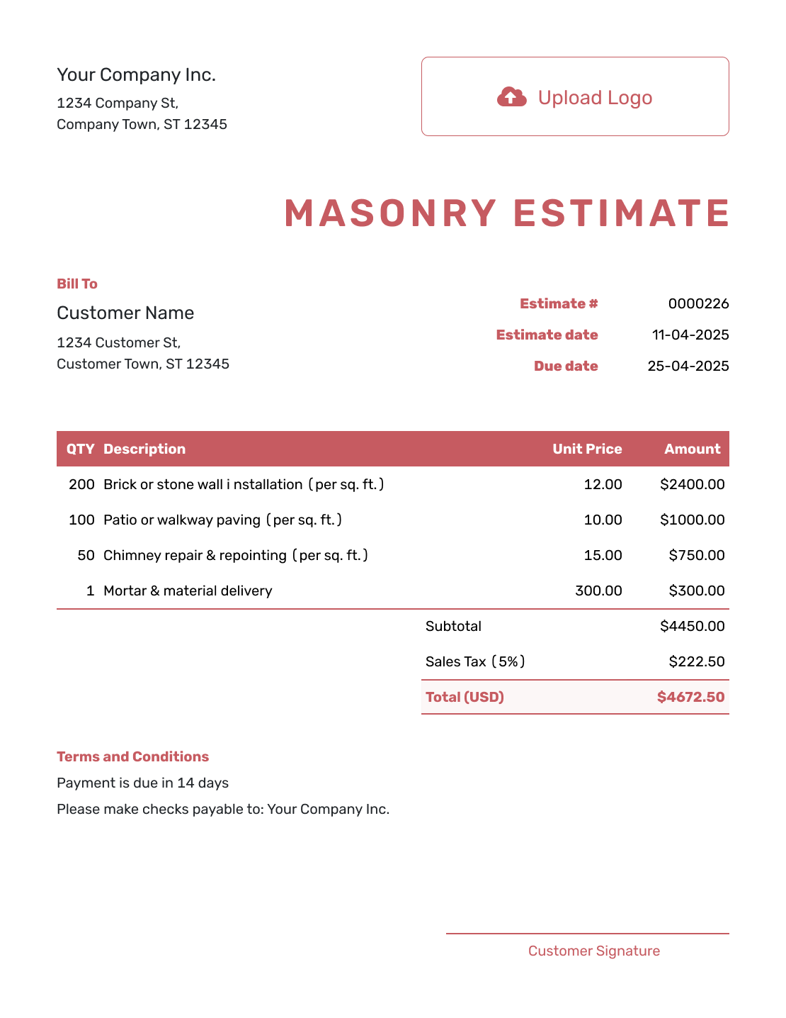 Fillable Masonry Estimate Template