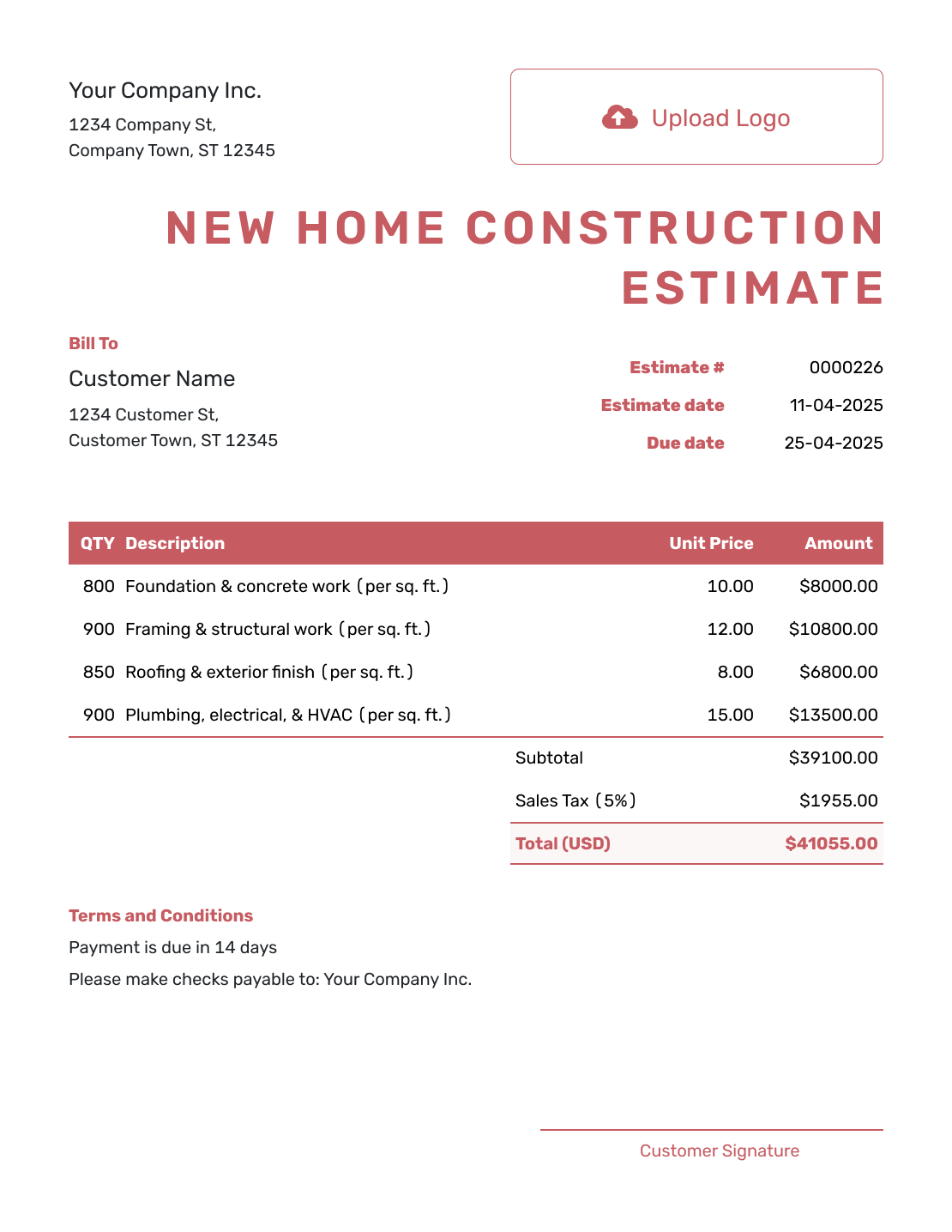 Fillable New Home Construction Estimate Template