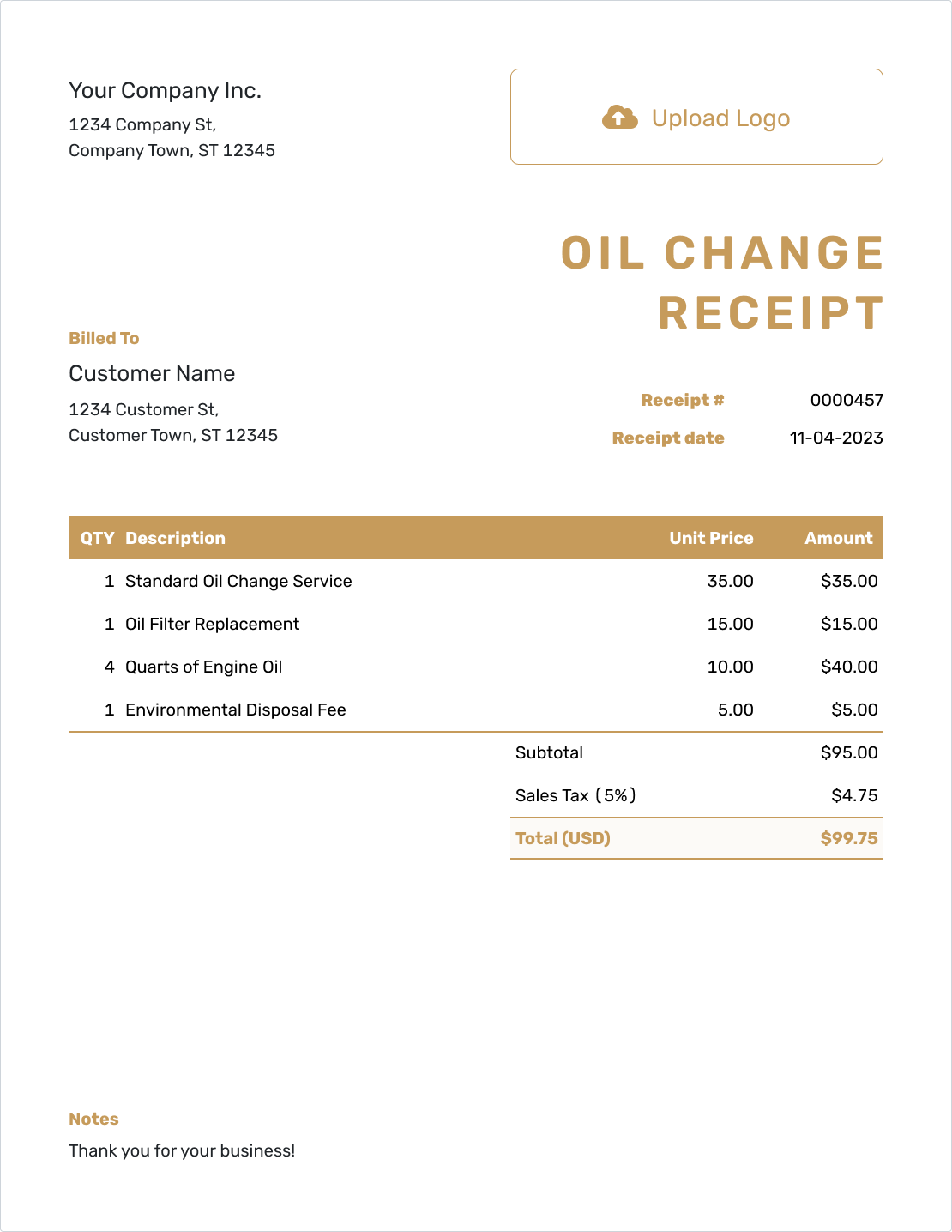 Fillable Oil Change Receipt Template