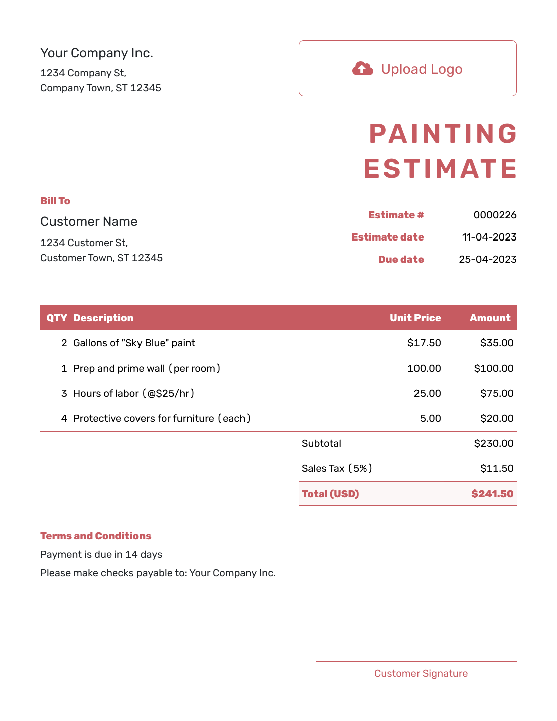 Fillable Painting Estimate Template