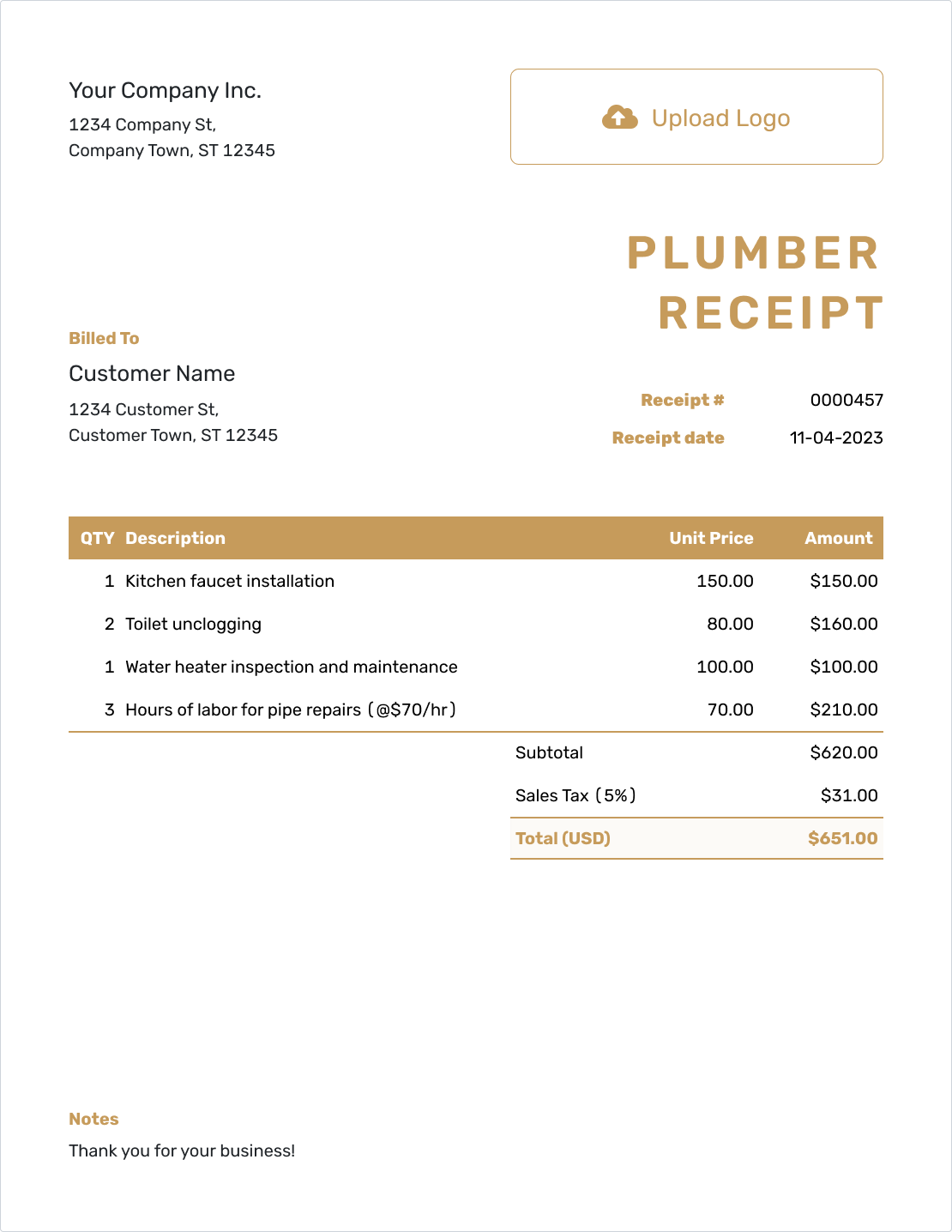 Fillable Plumber Receipt Template