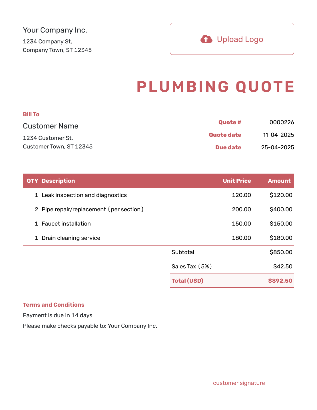 Fillable Plumbing Quote Template