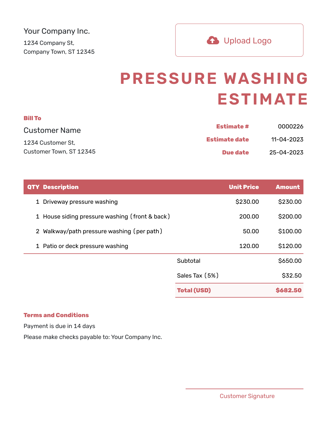 Fillable Pressure Washing Estimate Template