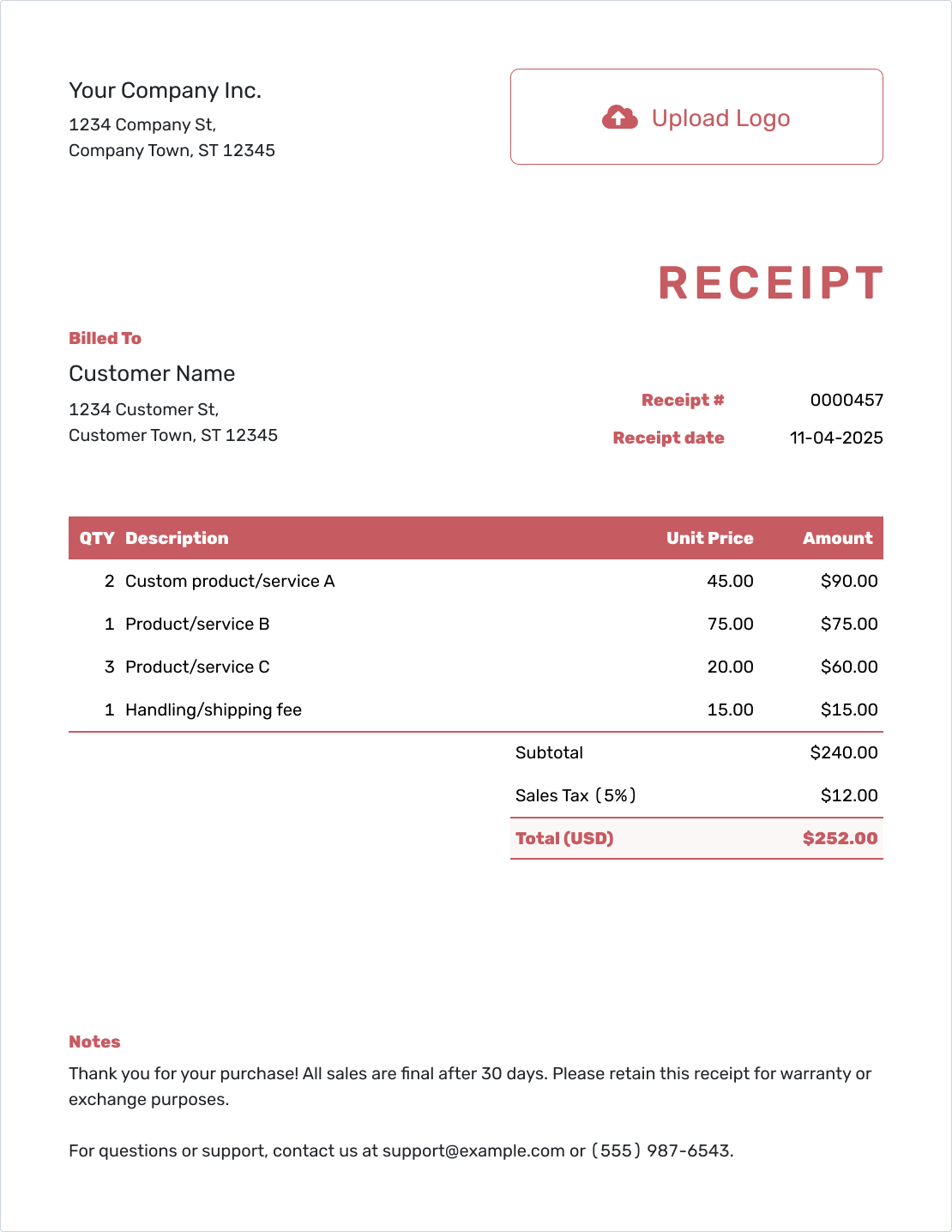 Fillable Work Receipt Template