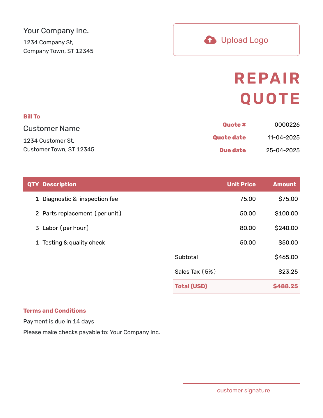 Fillable Repair Quote Template