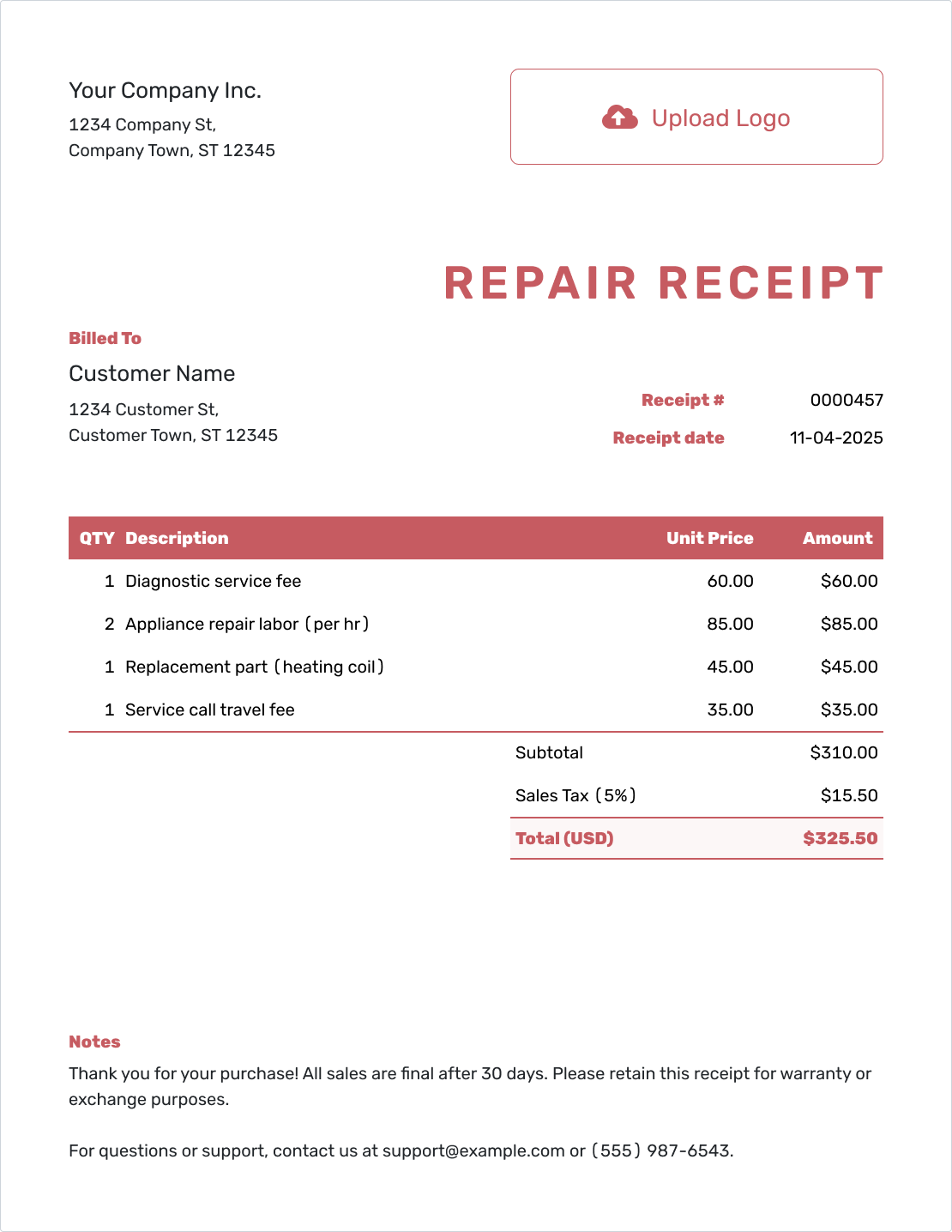 Fillable Repair Receipt Template