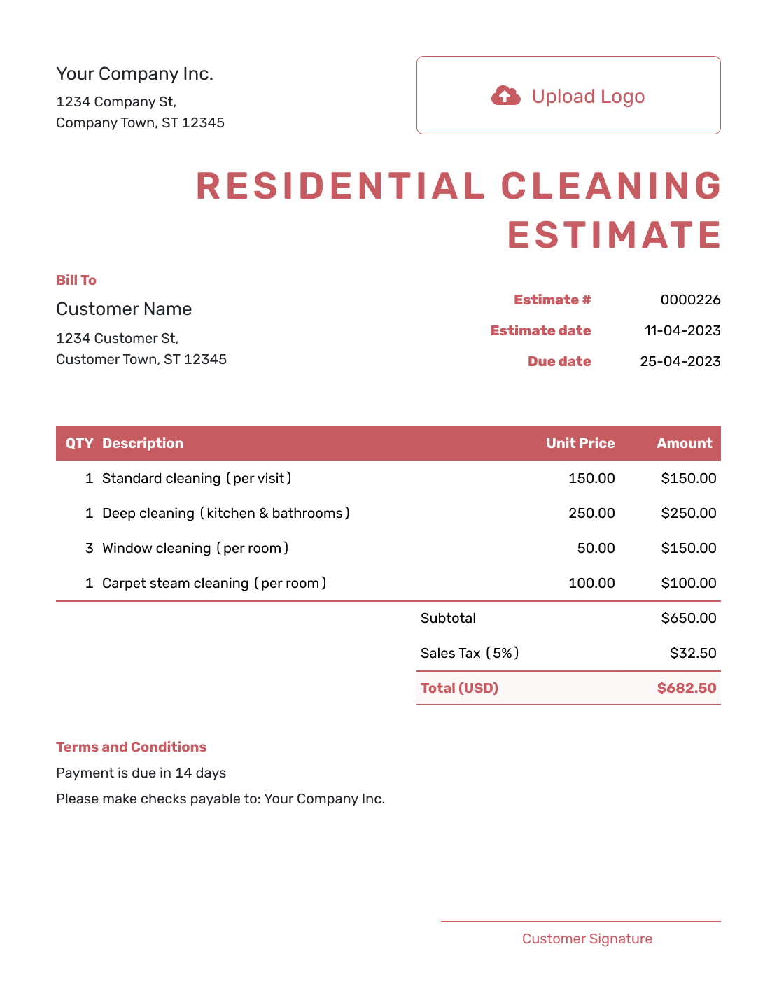 Fillable Residential Cleaning Estimate Template