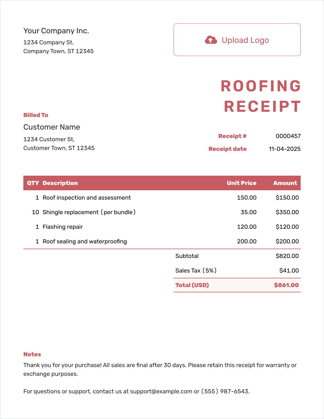 Fillable Roofing Receipt Template