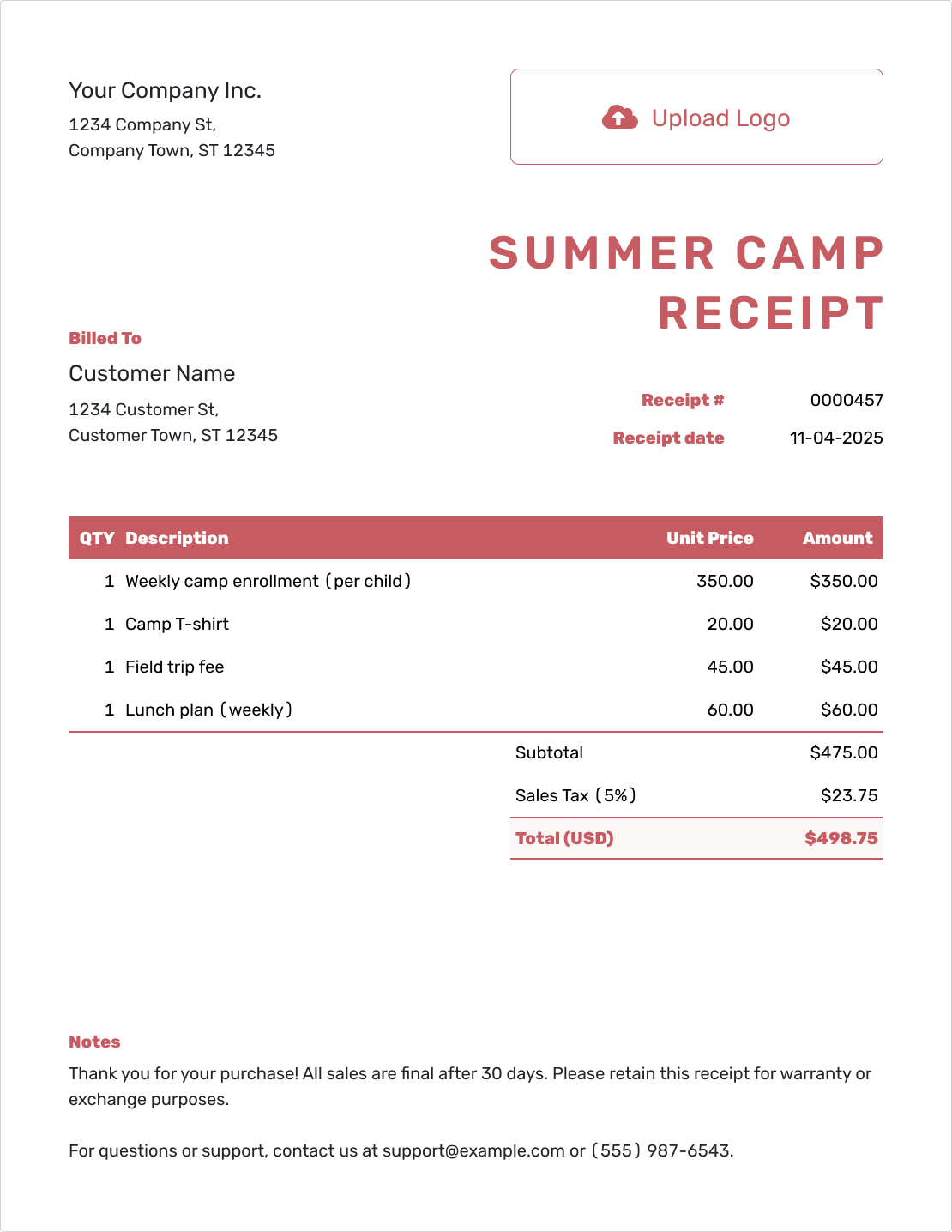 Fillable Summer Camp Receipt Template