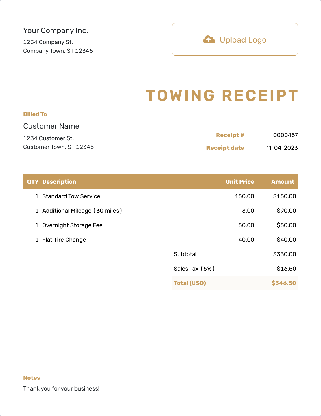 Fillable Towing Receipt Template