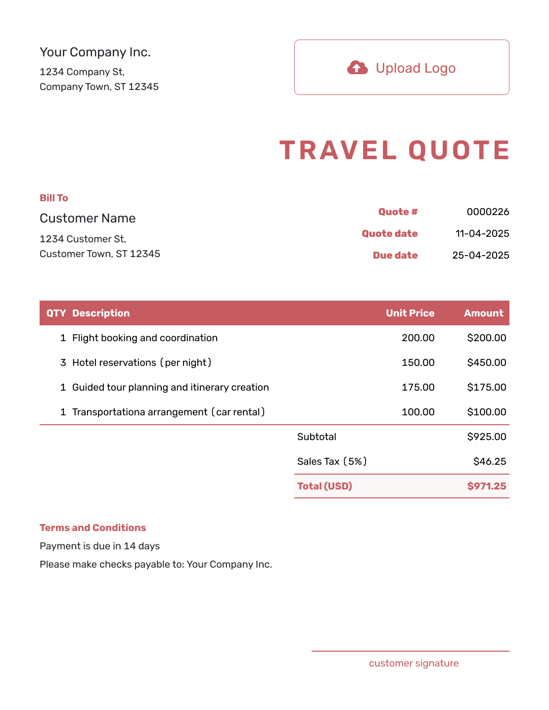 Fillable Travel Quote Template