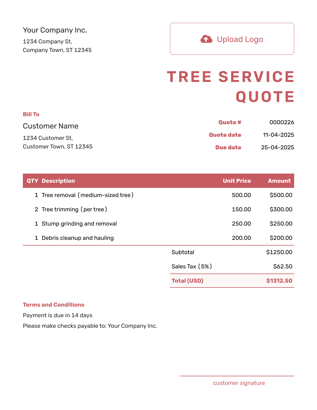 Fillable Tree Service Quote Template