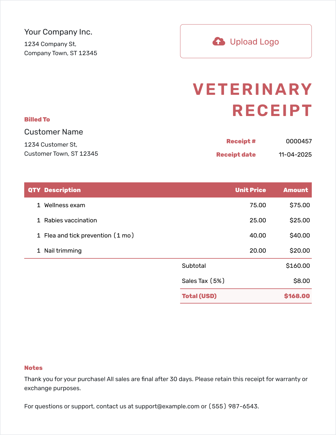 Fillable Vet Receipt Template