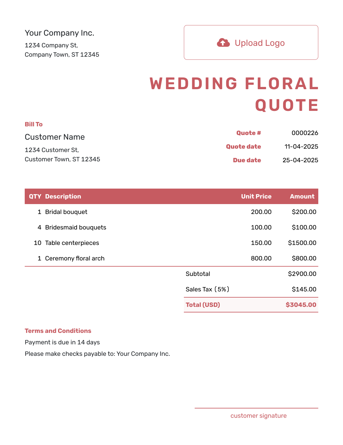 Fillable Wedding Floral Quote Template