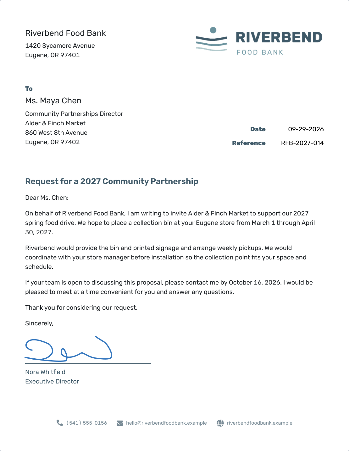Example of a formal business letter created in Docelf