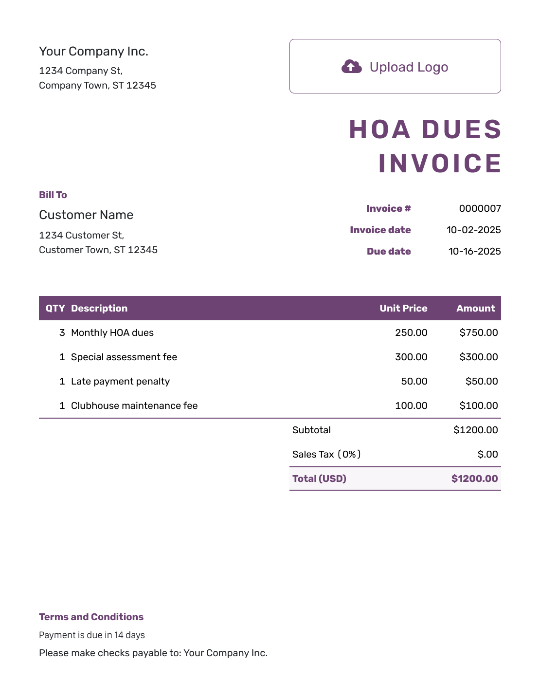 Free HOA Dues Invoice Template