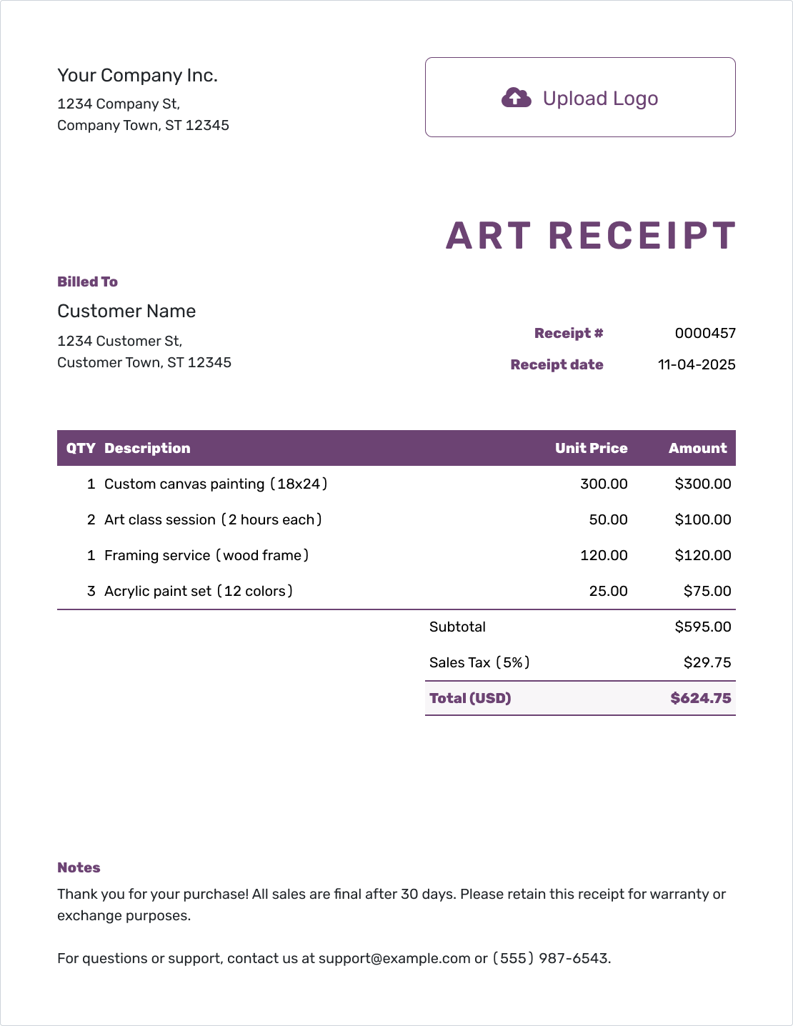 Free Art Sale Receipt Template