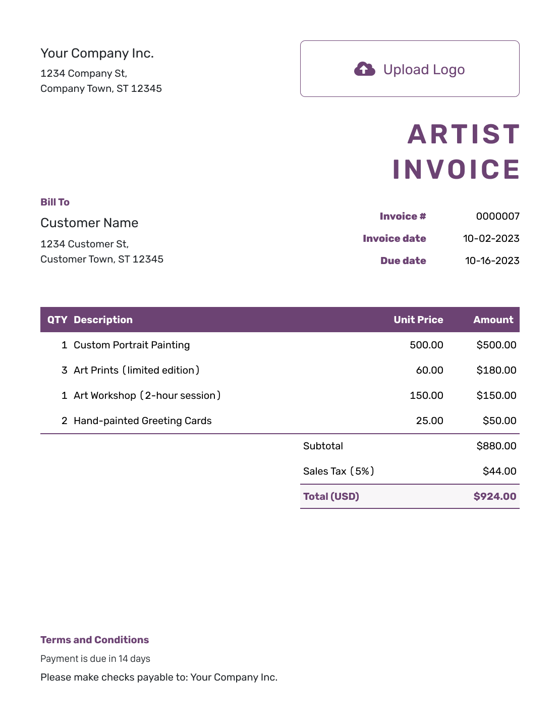 Free Artist Invoice Template