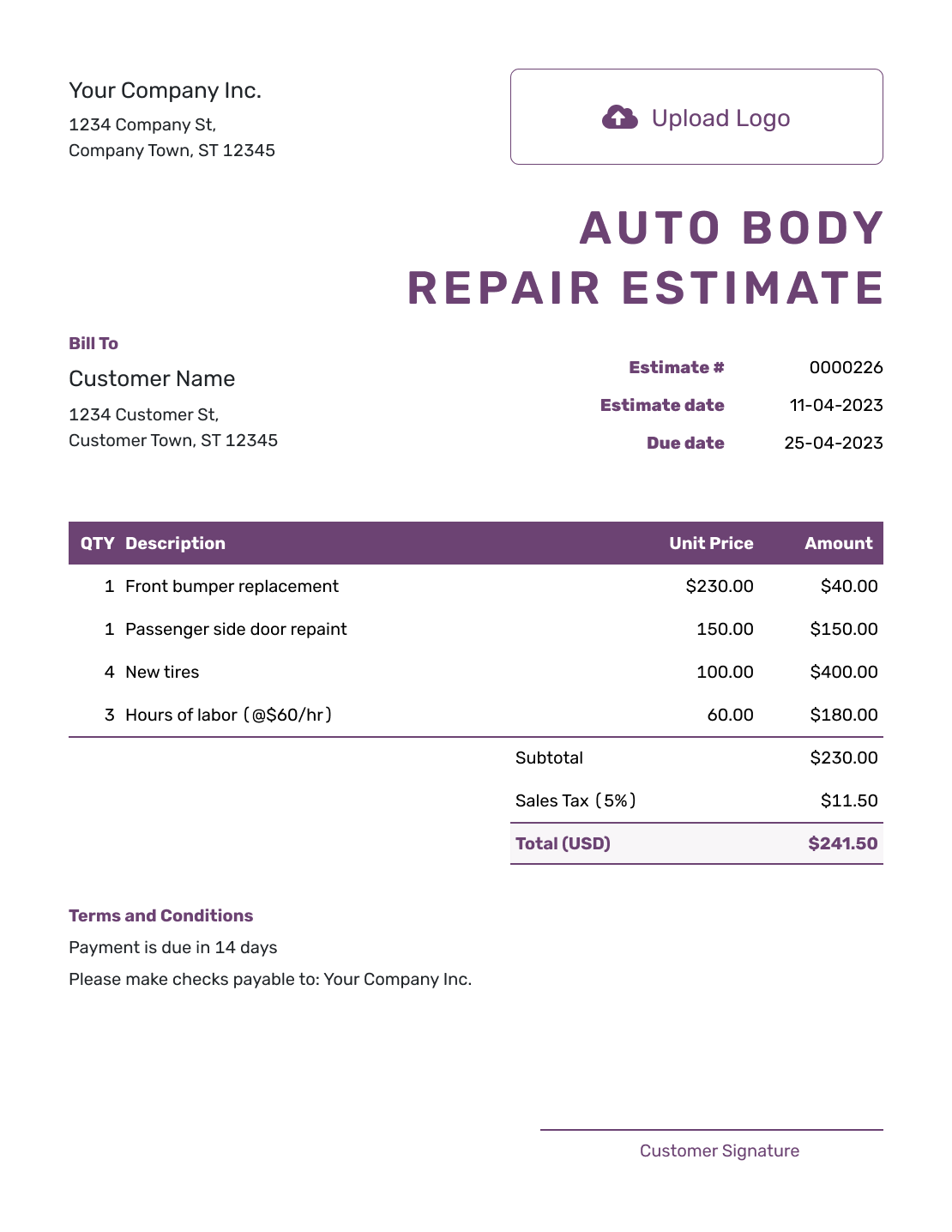 Free Auto Body Repair Estimate Template