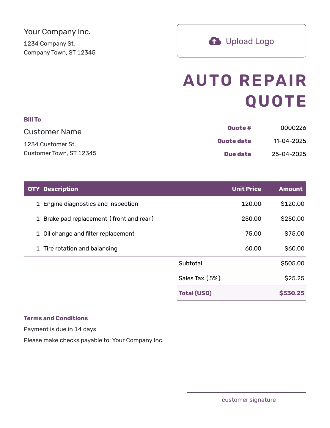 Free Auto Repair Quote Template