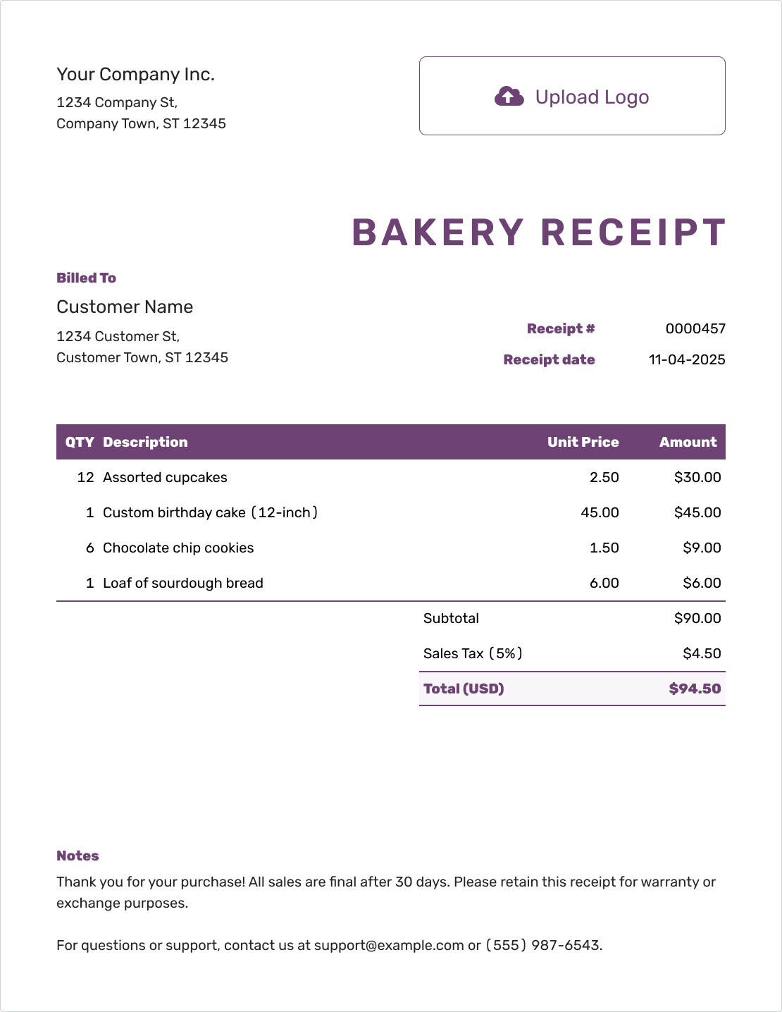 Free Bakery Receipt Template