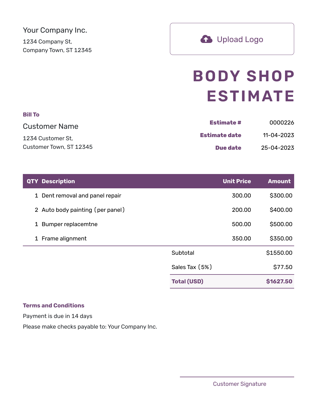 Free Body Shop Estimate Template