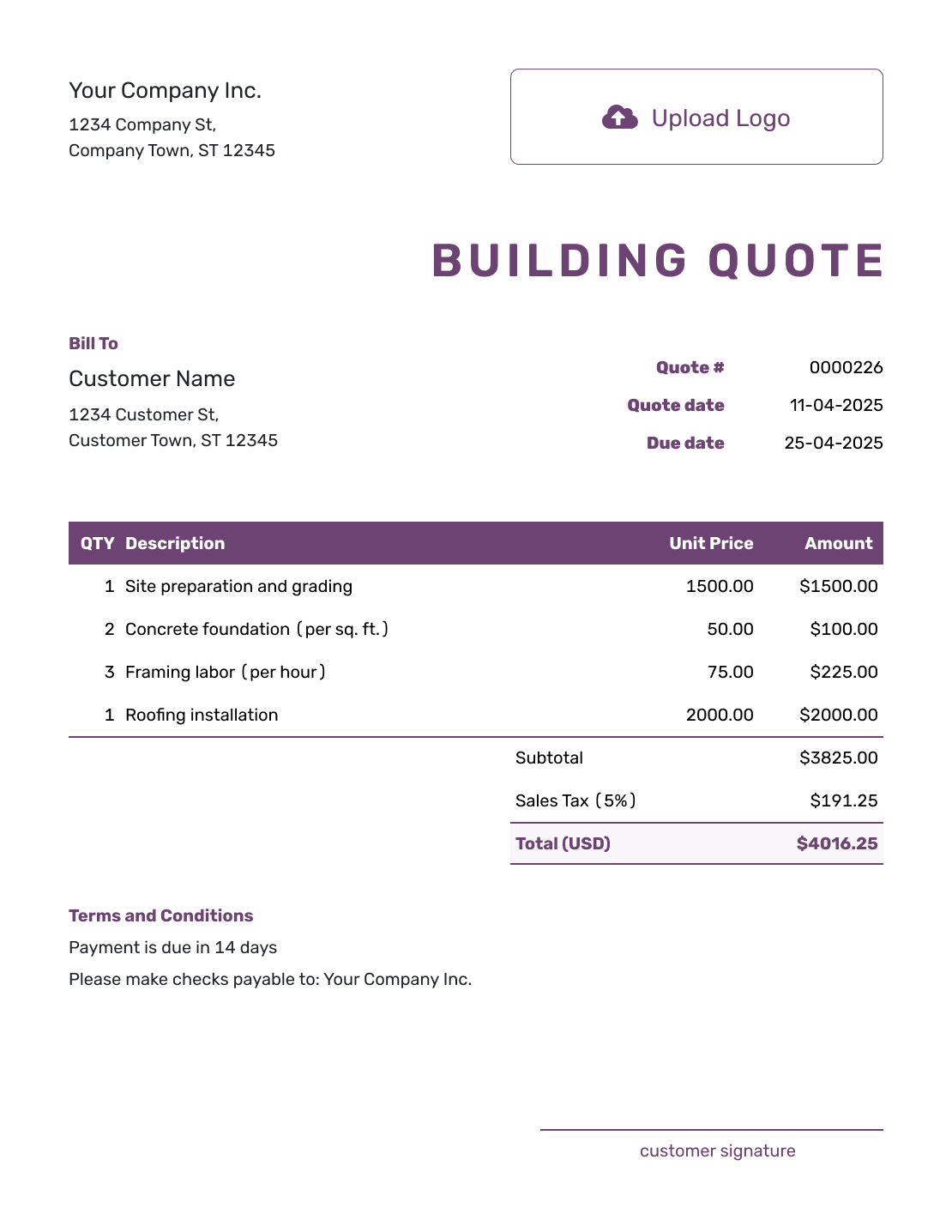 Free Building Quote Template