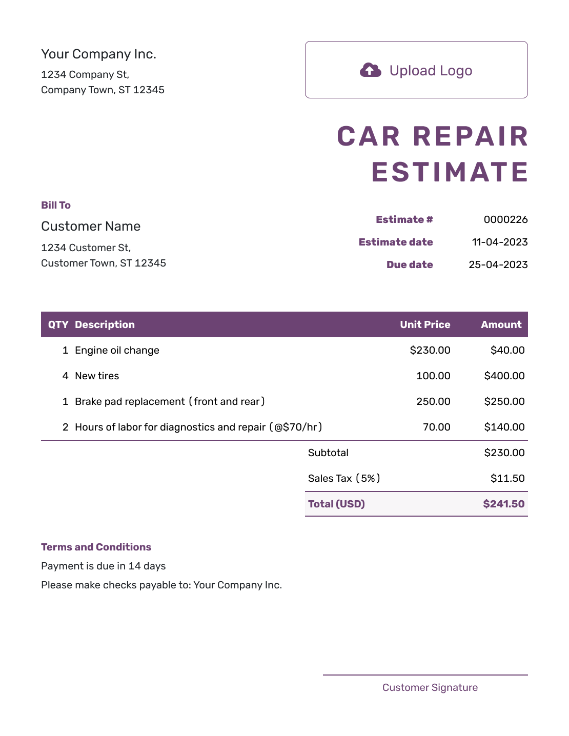 Free Car Repair Estimate Template