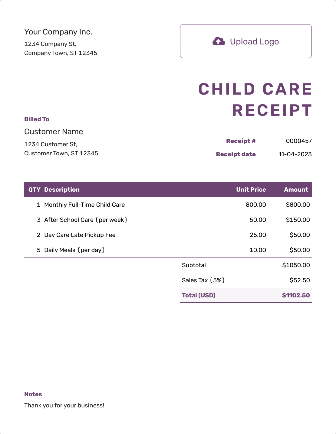Free Child Care Receipt Template
