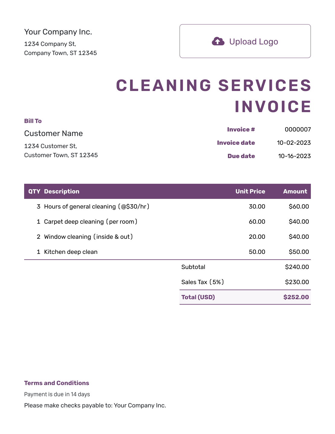 Free Cleaning Services Invoice Template