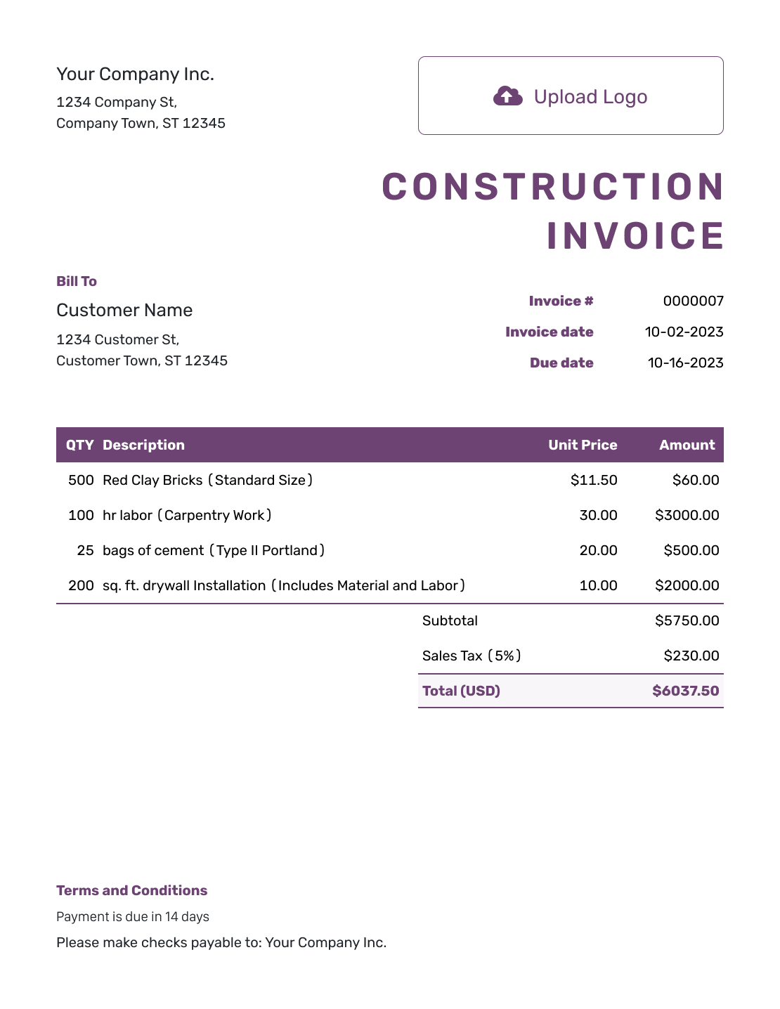 Free Construction Invoice Template