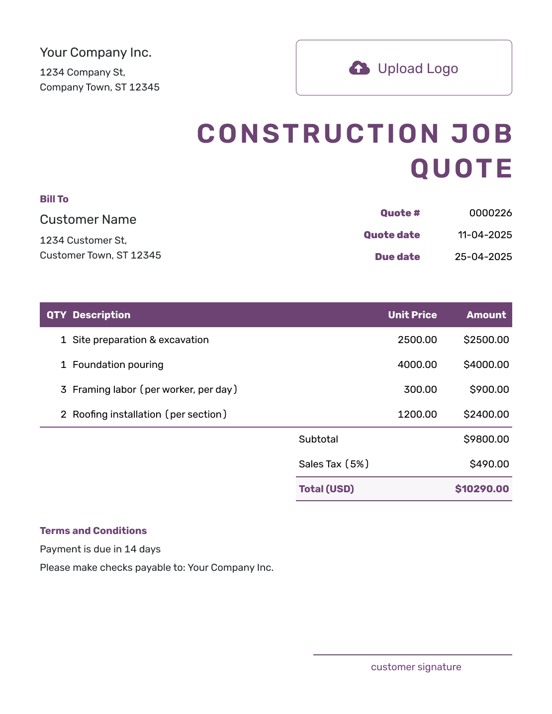 Free Construction Job Quote Template