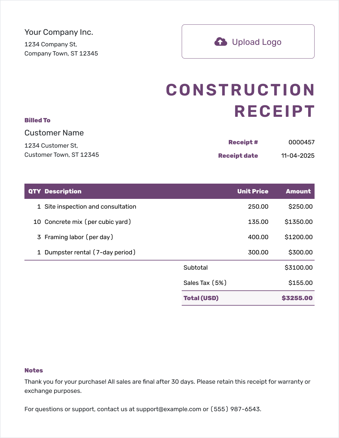 Free Construction Receipt Template