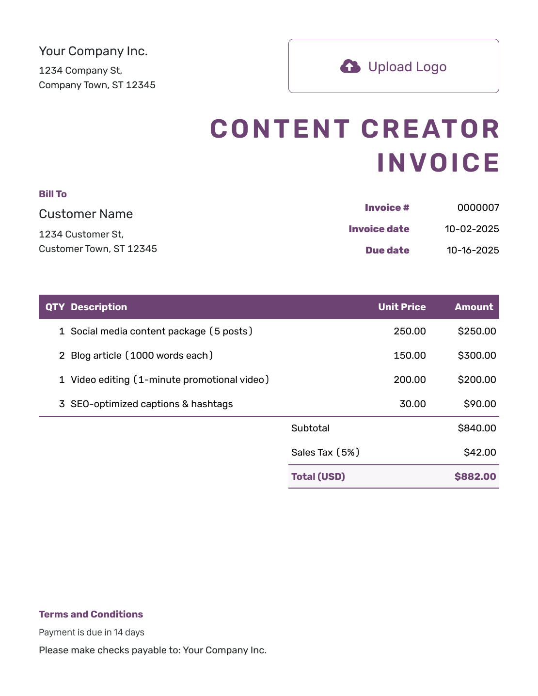 Free Content Creator Invoice Template