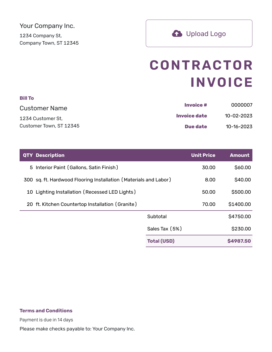 Free Contractor Invoice Template