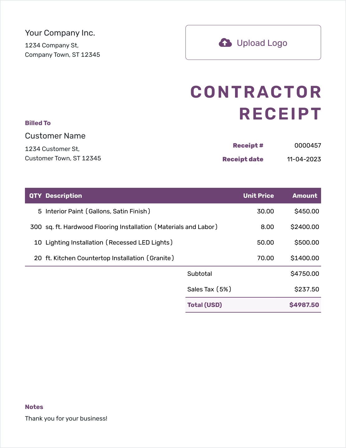 Free Contractor Receipt Template