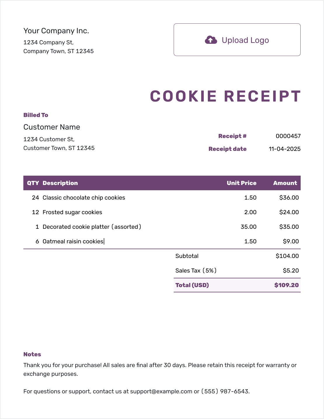 Free Cookie Receipt Template