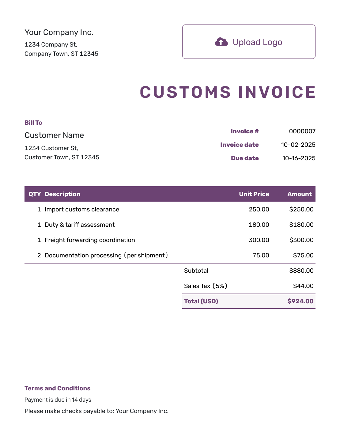 Free Customs Invoice Template