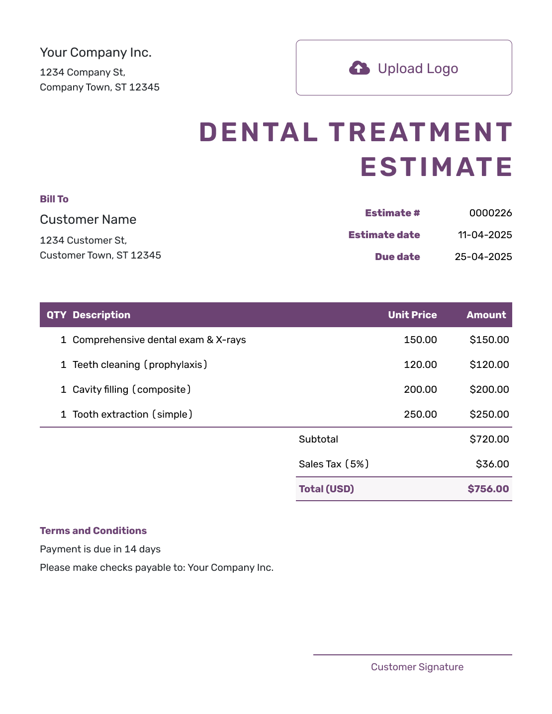 Free Dental Treatment Estimate Template