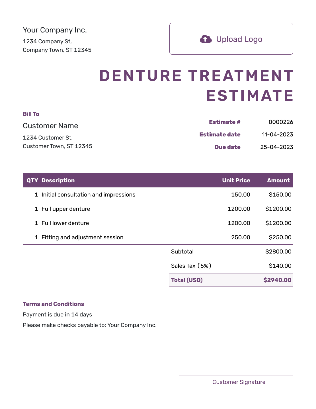 Free Denture Treatment Estimate Template