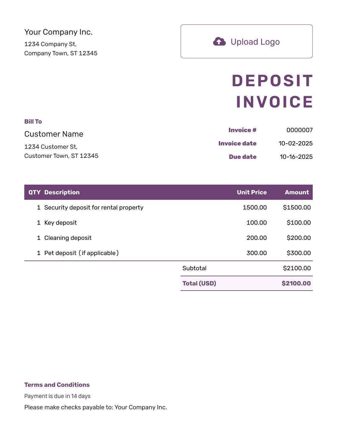 Free Deposit Invoice Template