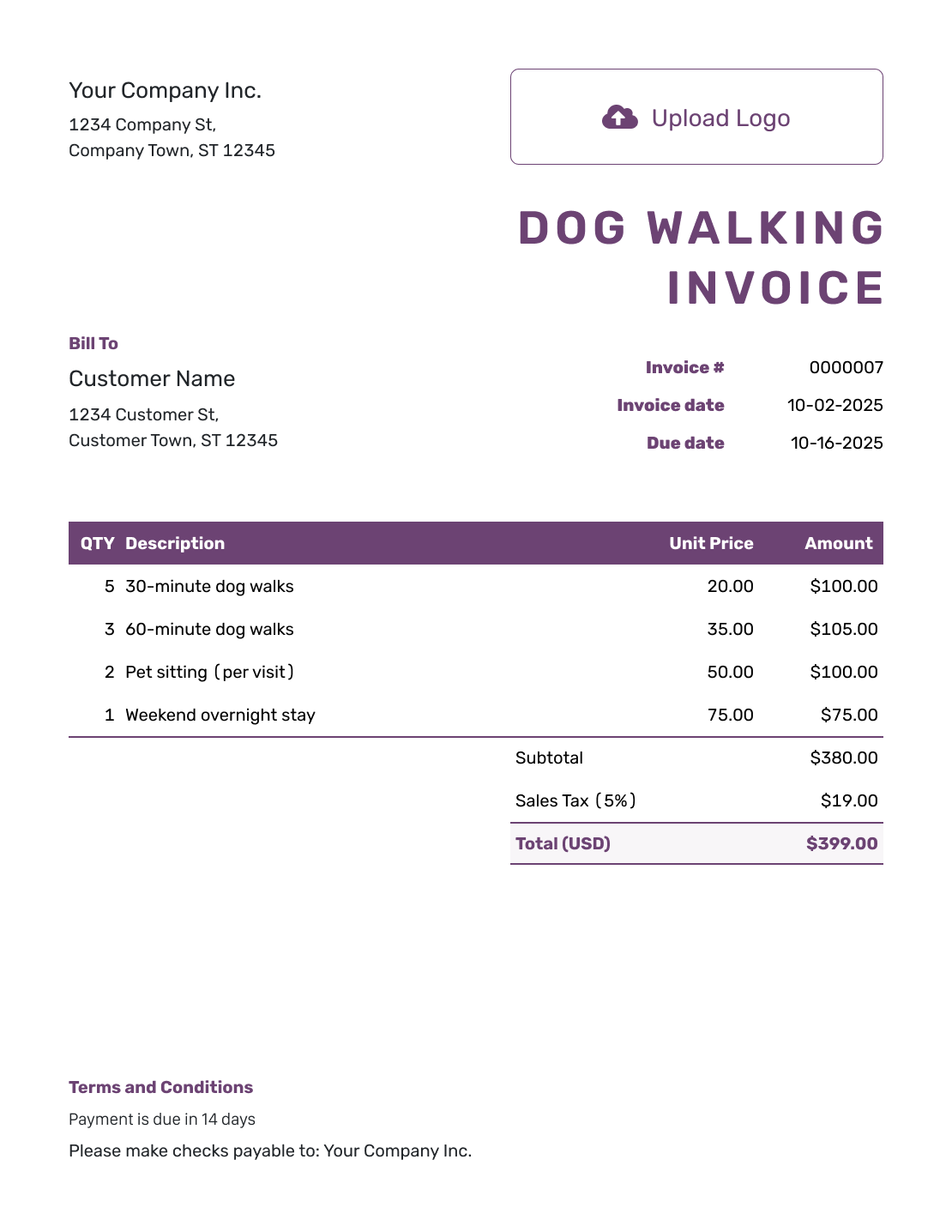 Free Dog Walking Invoice Template