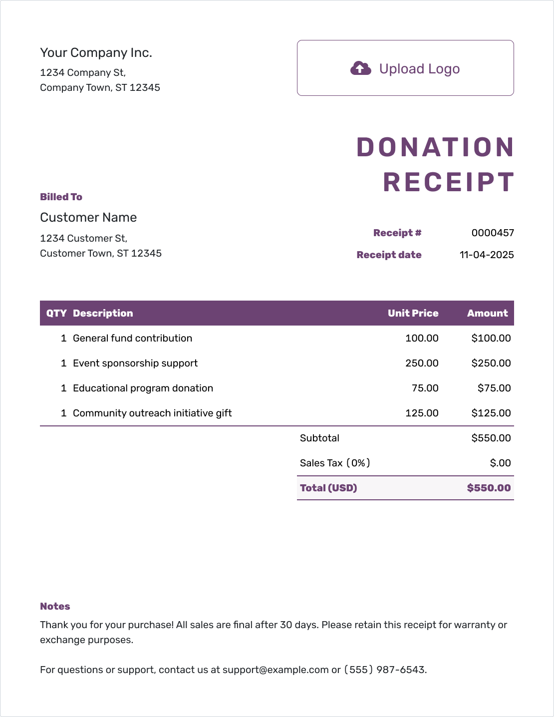 Free Donation Receipt Template