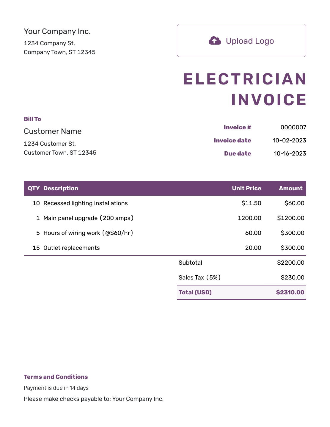 Free Electrician Invoice Template