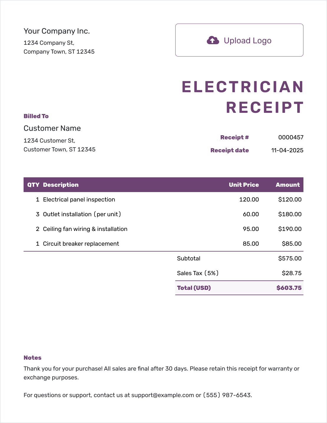 Free Electrician Receipt Template